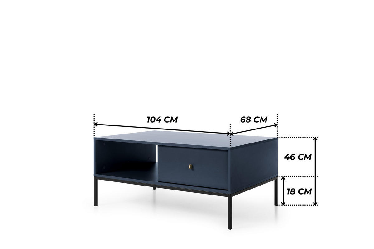 COUCHTISCH BARI Ł2SZ (Blau, Goldene Griffe, Schwarzes Gestell, Schubladen) - Goldfarben/Schwarz, Holz/Holzwerkstoff (68/104/46cm) - Ravio