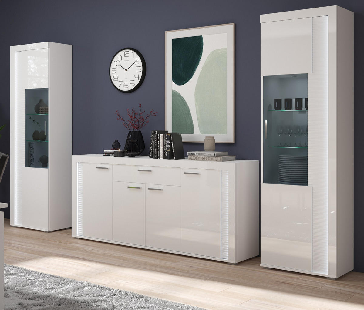WOHNWAND weiß Hochglanz 330 cm, Soft-Close-Funktion, inkl. Beleuchtung - Weiß Hochglanz/Silberfarben, Glas/Holzwerkstoff (332/202/42cm) - Inn.Furn