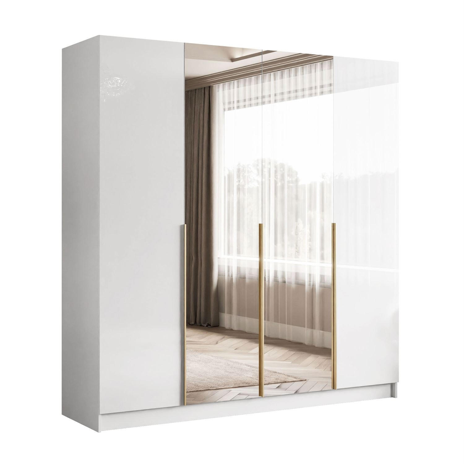 KLEIDERSCHRANK AUREL 4D in Weiß hochglanz mit Spiegel mit goldenen Griffen - Weiß Hochglanz/Goldfarben, Holzwerkstoff (200/200/57cm) - Lookway
