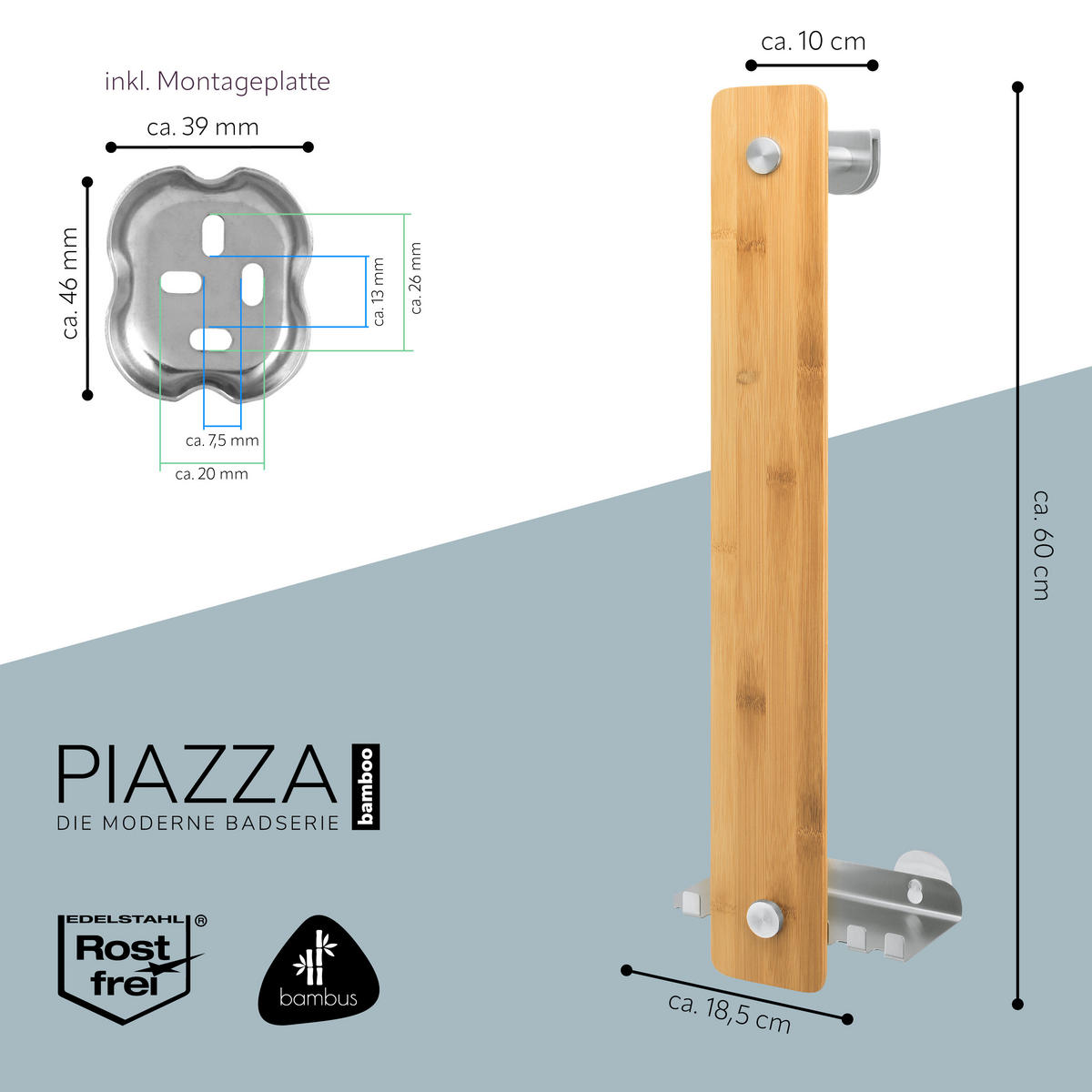 HANDTUCHHALTER 2in1 PIAZZA BAMBUS - Braun, Holz (18.5/60/10cm) - bremermann