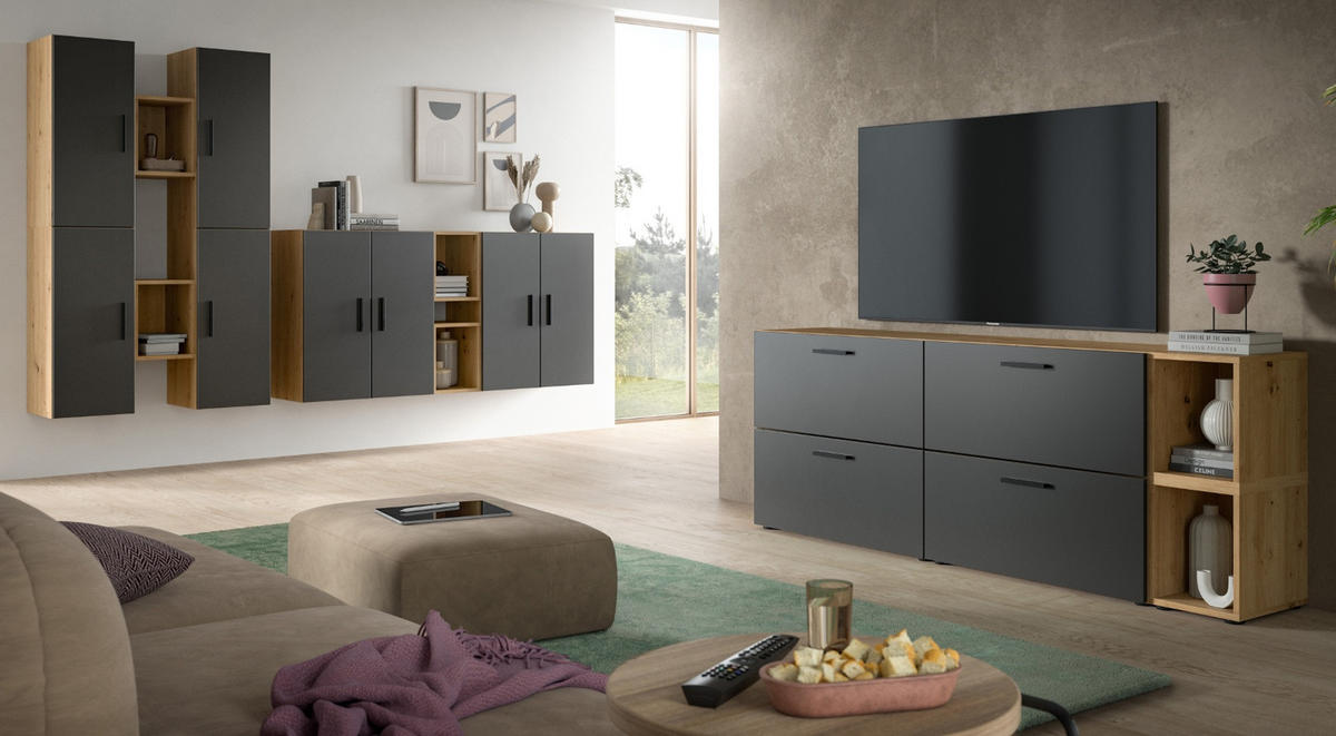 TV-LOWBOARD grau, Eiche Artisan 176 cm, Fernsehtisch hängend / stehend - Schwarz/Eiche Artisan, Holzwerkstoff/Kunststoff (176/67/34cm) - Inn.Furn