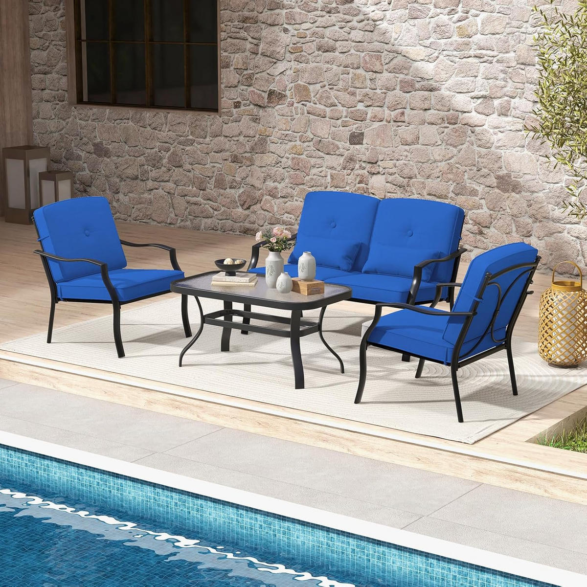 GARTENMÖBEL SET Blau(4-teilig) - Blau, Metall - COSTWAY