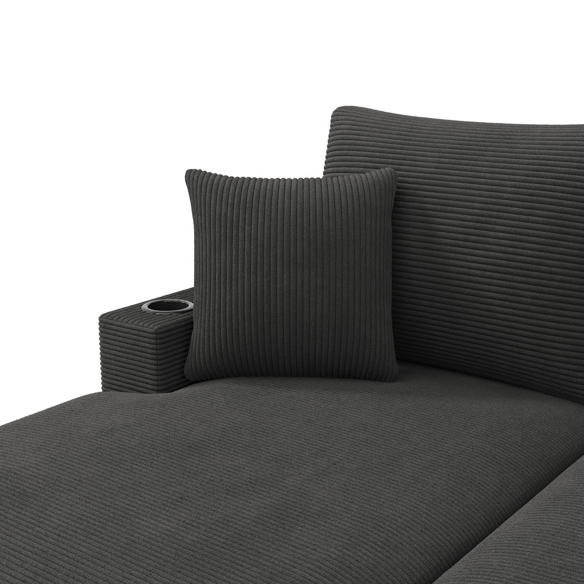 SCHLAFSOFA 2-SITZER Cord Grau mit USB, USB-C, Handyhalterung und Getränkehaltern - Grau, Holzwerkstoff/Kunststoff (163/82/140cm) - WISHDOR