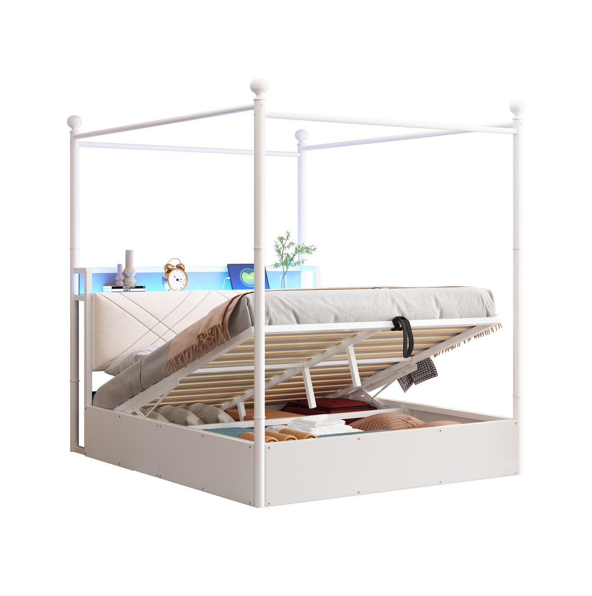 JUGENDBETT Himmelbett 140/190 cm aus Metall mit LED USB-C und Bettkasten Weiß - Weiß, Metall (140/190cm) - Modenvie