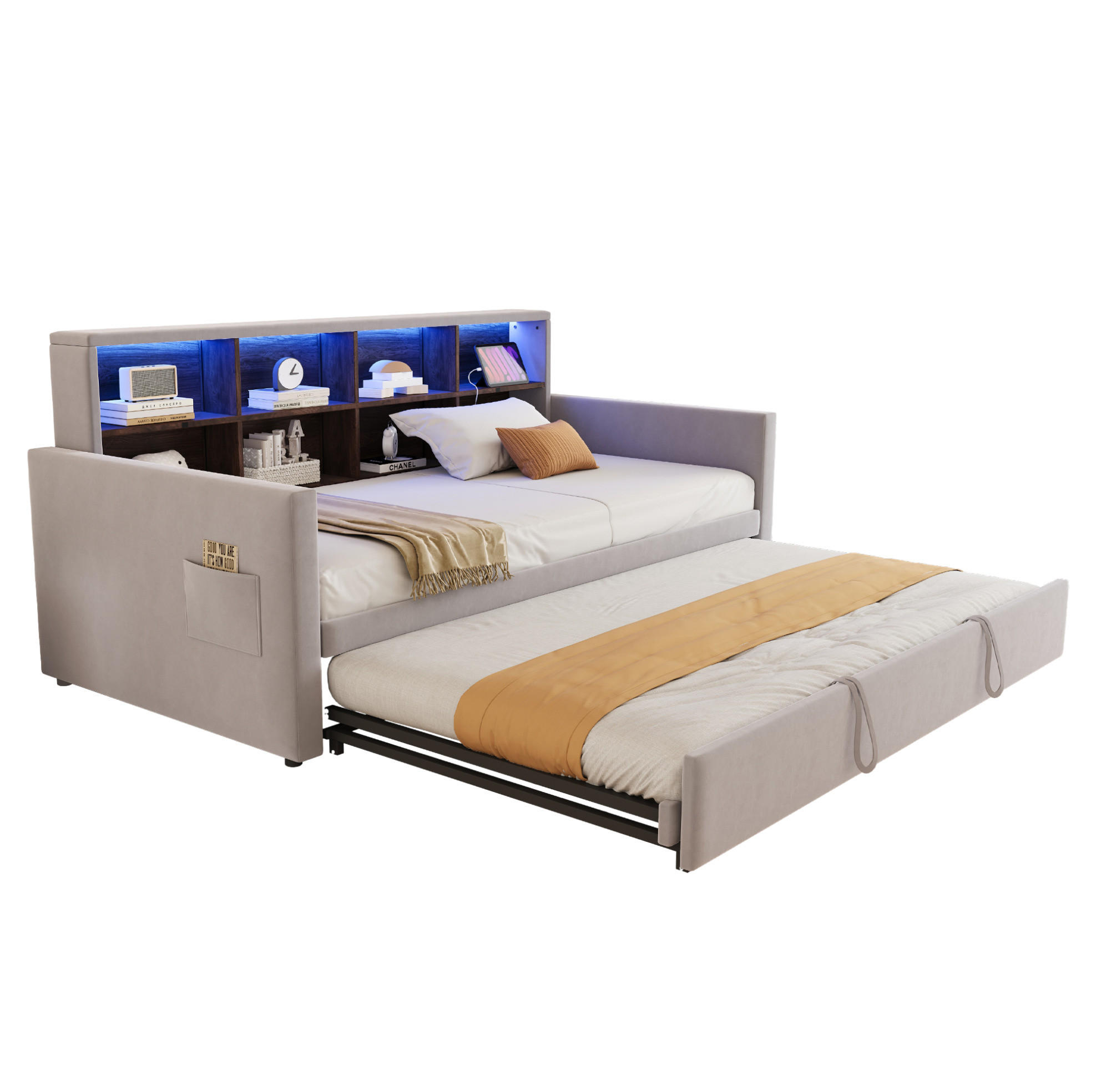 POLSTERBETT 90/190 cm Hellgrau aus Samt mit Ausziehbett und LED-Beleuchtung - Hellgrau, Textil (90/190cm) - OKWISH