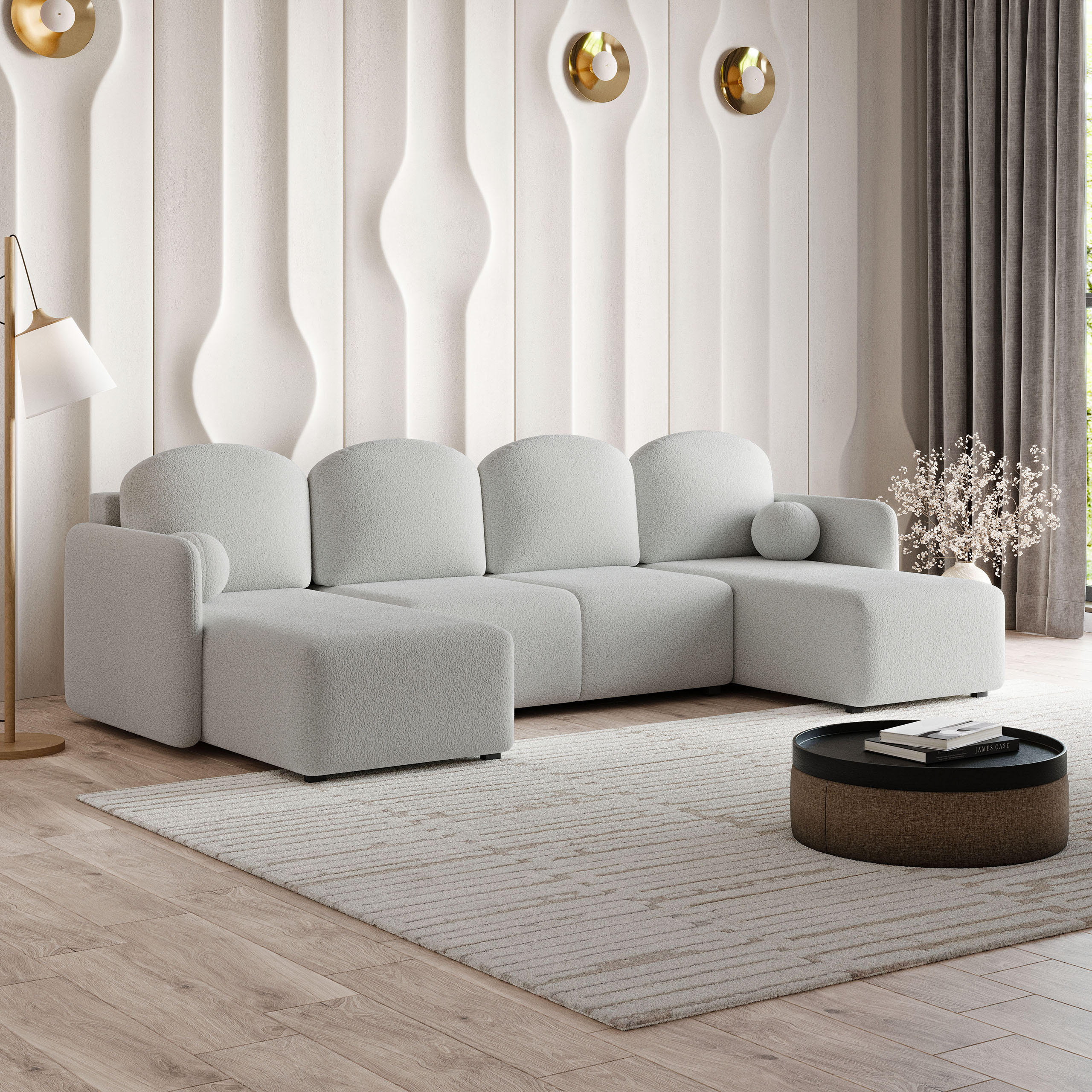 WOHNLANDSCHAFT NUBERO Hellgrau Boucle-Stoff mit Schlaffunktion - Hellgrau, Holz (285/85/143cm) - MASSENO