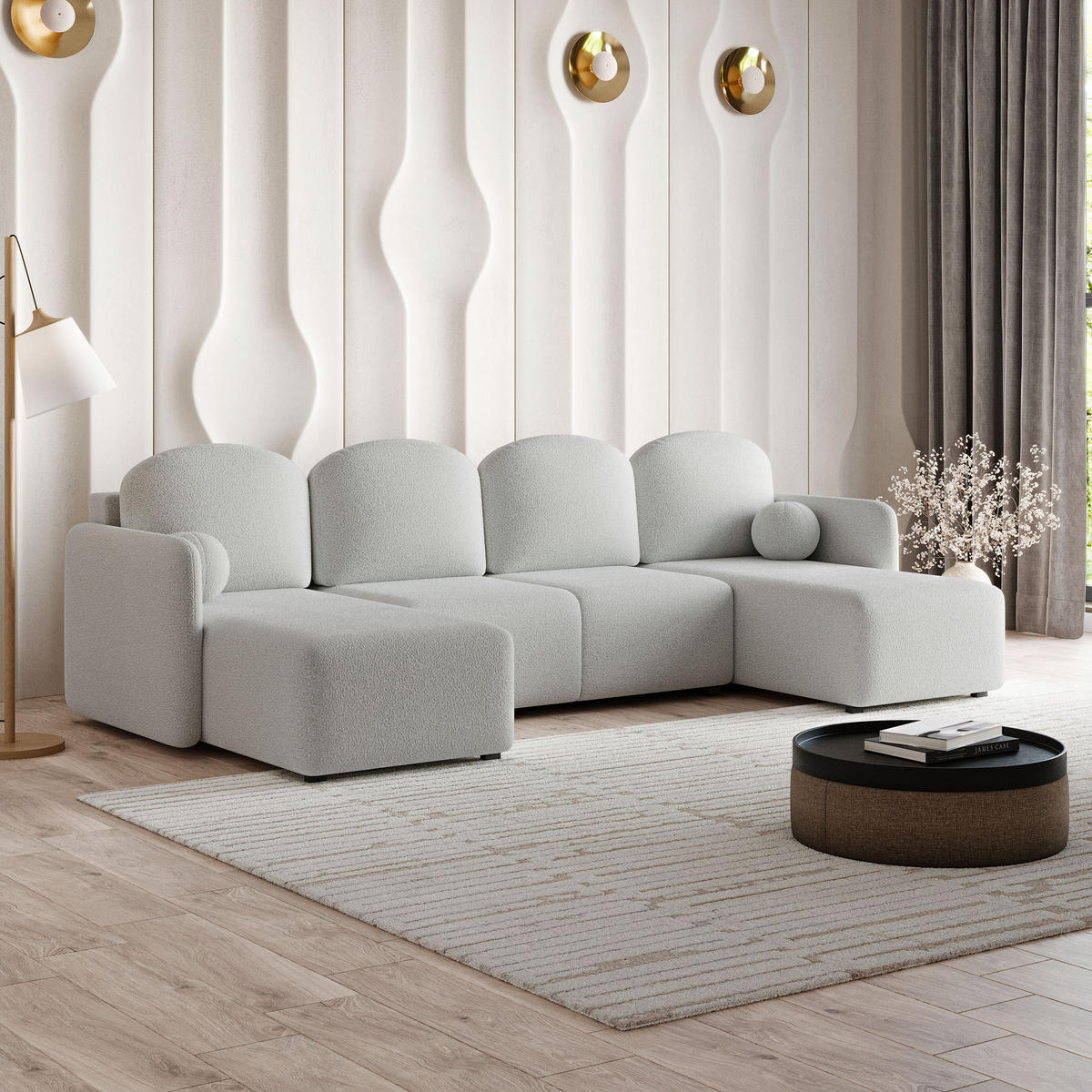 WOHNLANDSCHAFT NUBERO Hellgrau Boucle-Stoff mit Schlaffunktion - Hellgrau, Holz (285/85/143cm) - MASSENO
