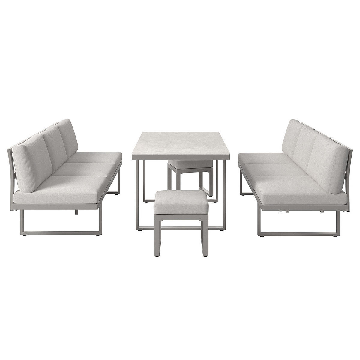 DINING-LOUNGESET - Aluminium / Polyester - Hellgrau - 5-teilig - Hellgrau, Glas/Textil - home24