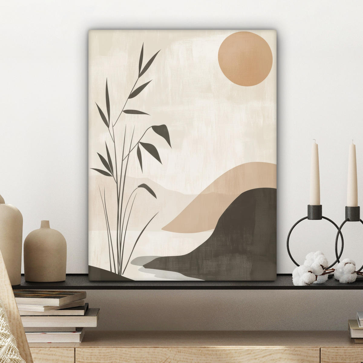 LEINWANDBILD Japandi - Landschaft - Beige Room Decor 30x40 cm - Cognac, Textil (30/40cm) - MuchoWow