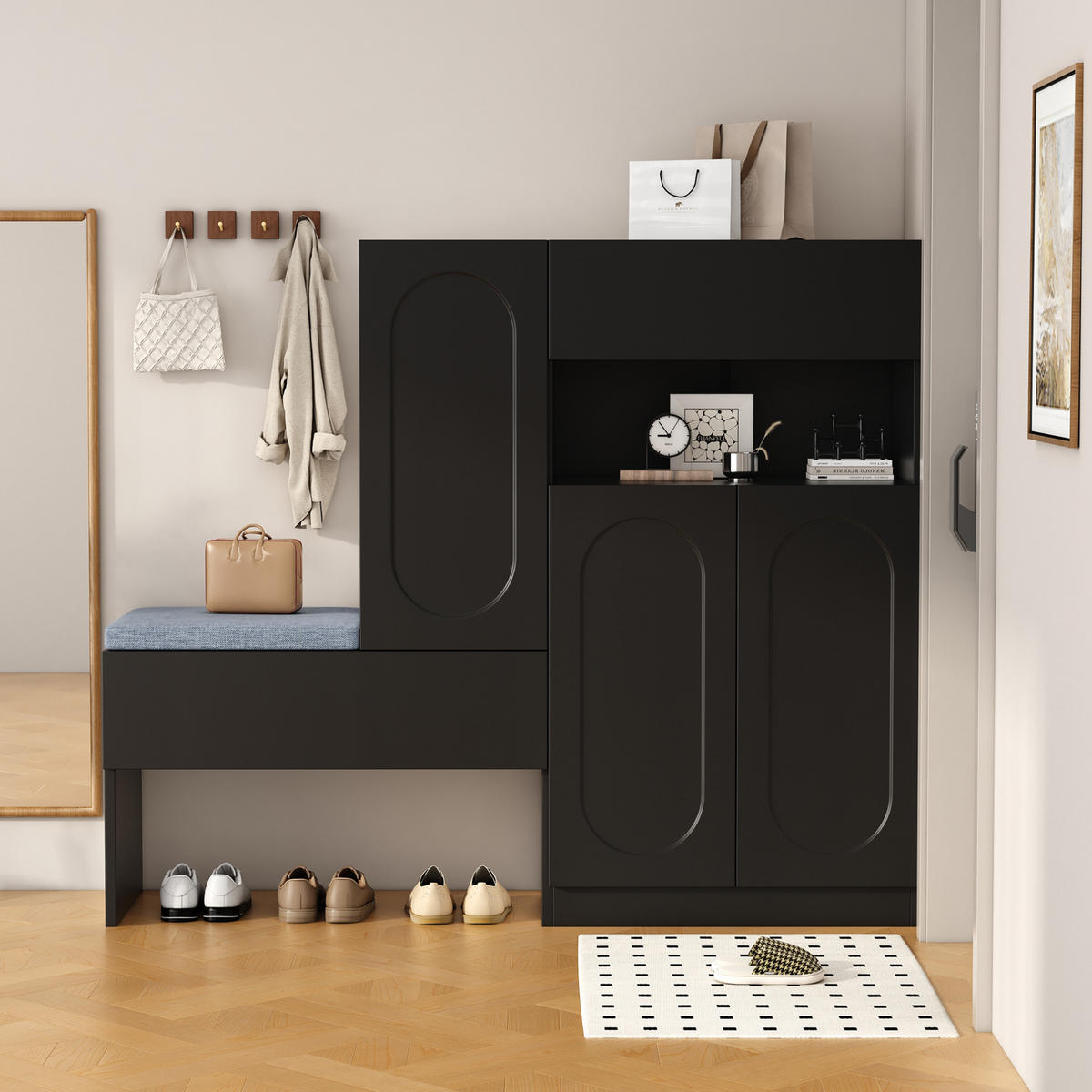 SCHUHSCHRANK 130/110/35 cm Schwarz aus Spanplatte mit Sitzbank - Schwarz, Holzwerkstoff (130/110/35cm) - OKMYHOME