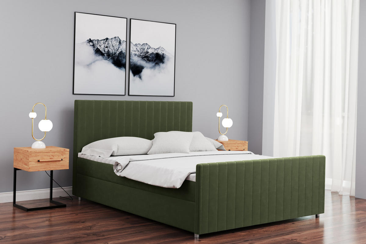BOXBETT mit Bettkasten Matratze Topper LATINO stoff Velvet 120x200 cm Grün H2-Pocket - Grün, Holz/Holzwerkstoff (120/200cm) - Kaiser Möbel