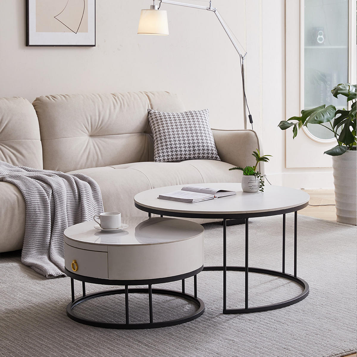 COUCHTISCH 2er-Set mit Schieferplatte und Schublade - Weiß, Holzwerkstoff (70/70/45cm) - OKWISH