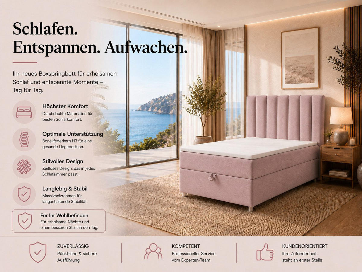 BOXBETT mit Bettkasten Trinity K-10 SINGLE Bonellfederkern inkl. Topper - Rosa, Holz/Holzwerkstoff (90/200cm) - Best For Home