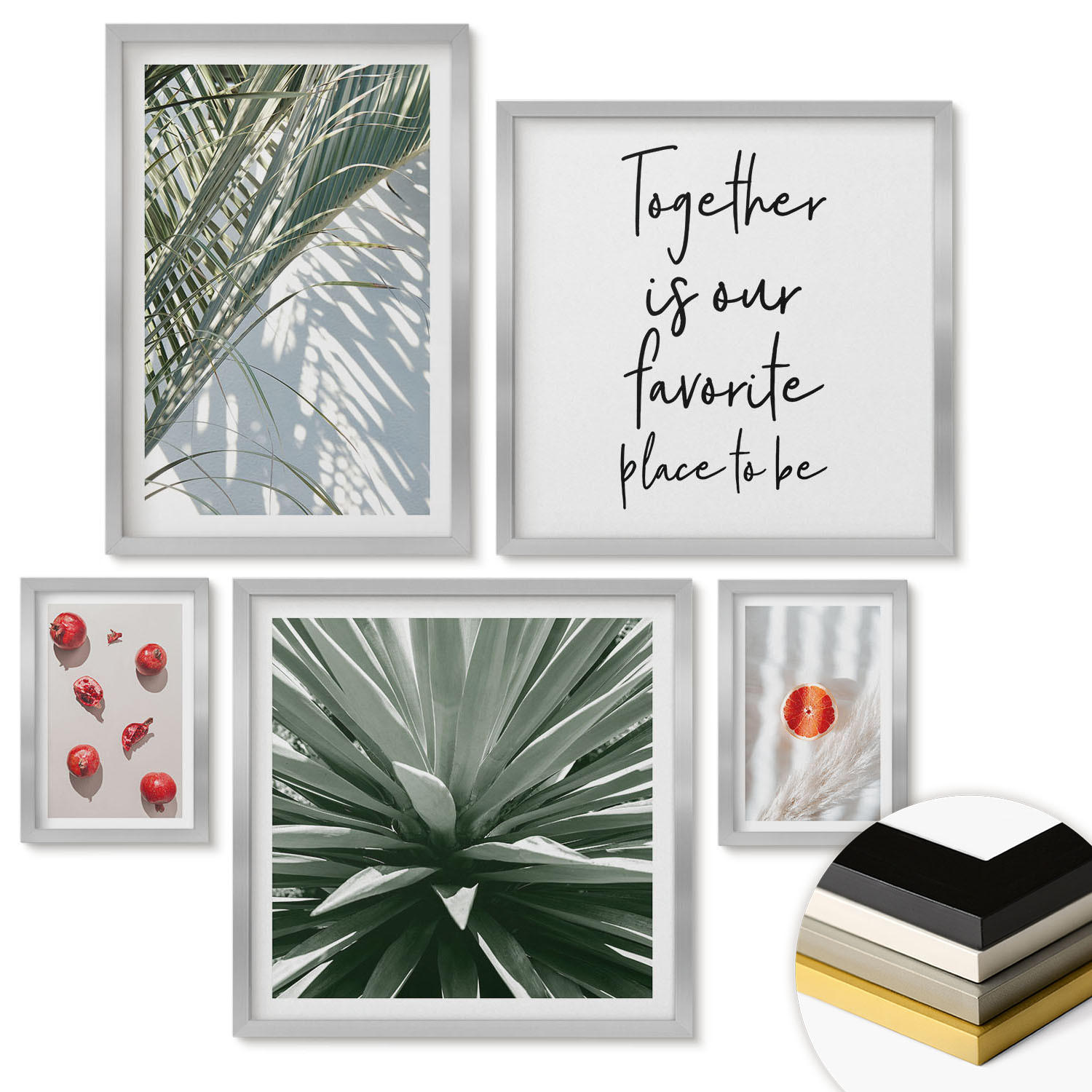 WANDBILDER 5er Set - 50x50 cm & 20x30 cm & 40x60 cm Silberner Rahmen - Feiertags-Palmenfrucht-Inschrift - Silberfarben, Kunststoff (40/60cm) - ArtPrintCave