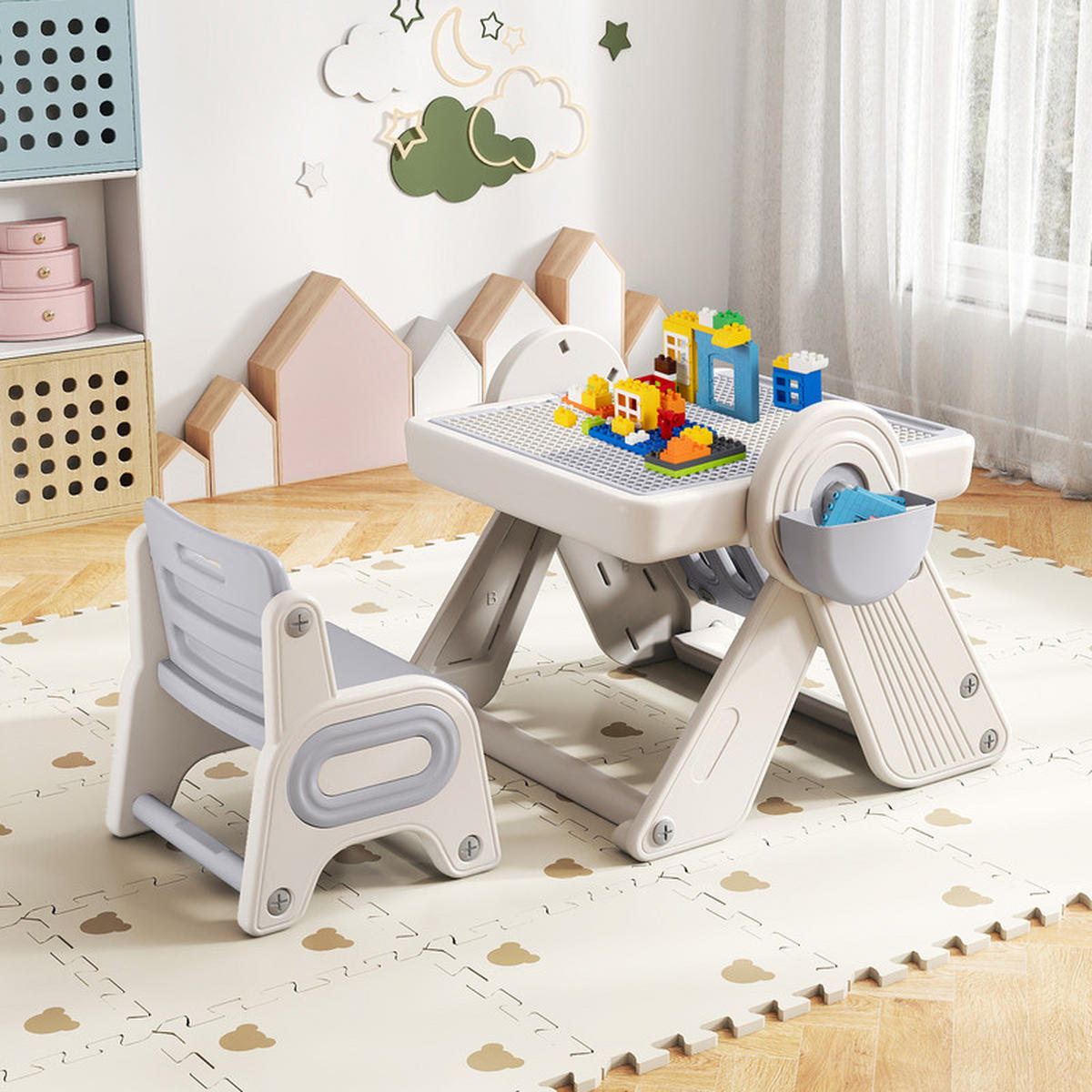 KINDERTISCH mit stuhl grau(2-tlg) - Grau, Kunststoff (82/58/67cm) - COSTWAY