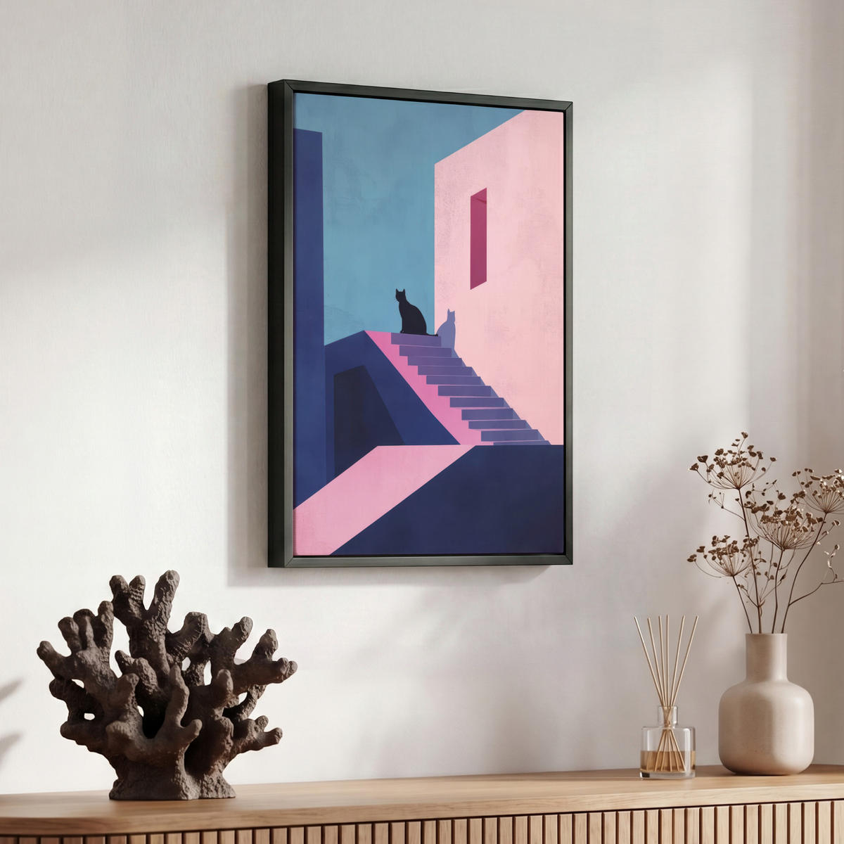 LEINWAND Bilder mit Rahmen - Katze - Treppe - Gebäude - Schattenkontraste - 30x40 - Dunkelblau, Textil (30/40cm) - MuchoWow
