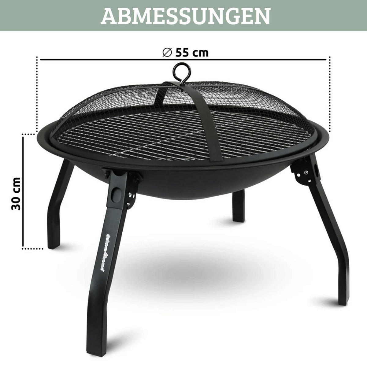 FEUERSCHALE mit Funkenschutz KHELO mit Grillrost Schwarz - Schwarz, Metall (55/30/55cm) - DELUKE