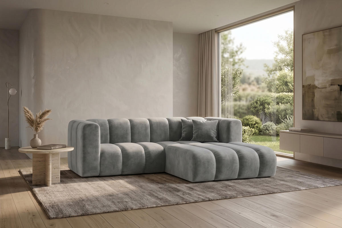 ECKSOFA Modulares In L-Form, Velvet-Stoff Riviera, Grau, Rechts, GRAND - Grau, Holz (227/179cm) - Kaiser Möbel