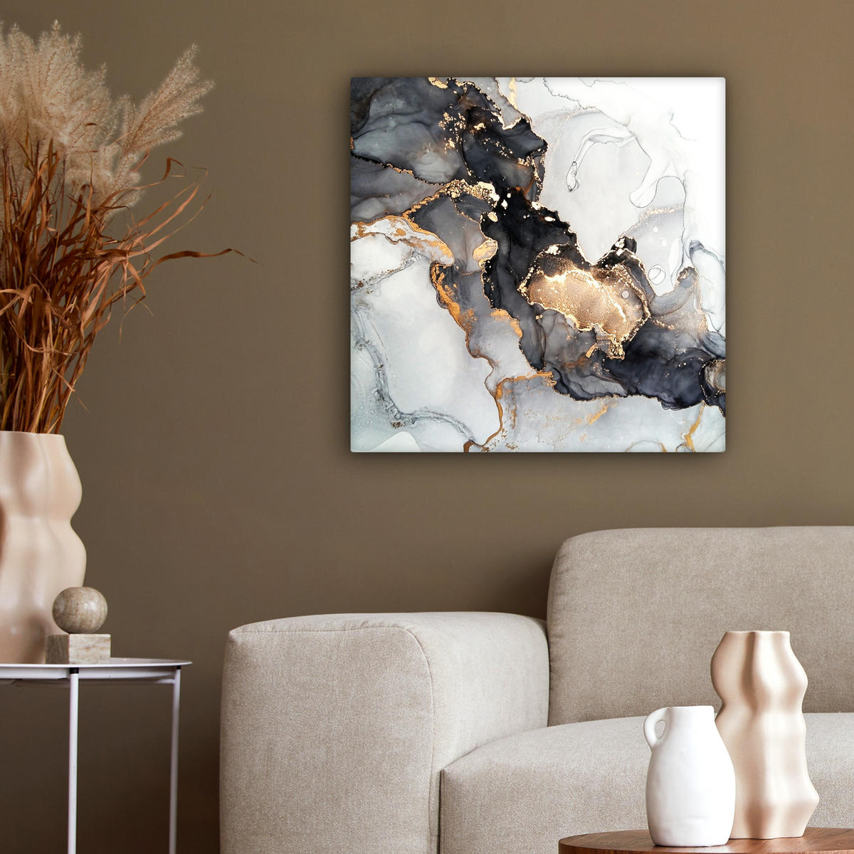 LEINWANDBILD Marmor - Schwarz - Weiß - Gold - Luxus - Abstrakt 50x50 cm - Goldfarben, Textil (50/50cm) - MuchoWow