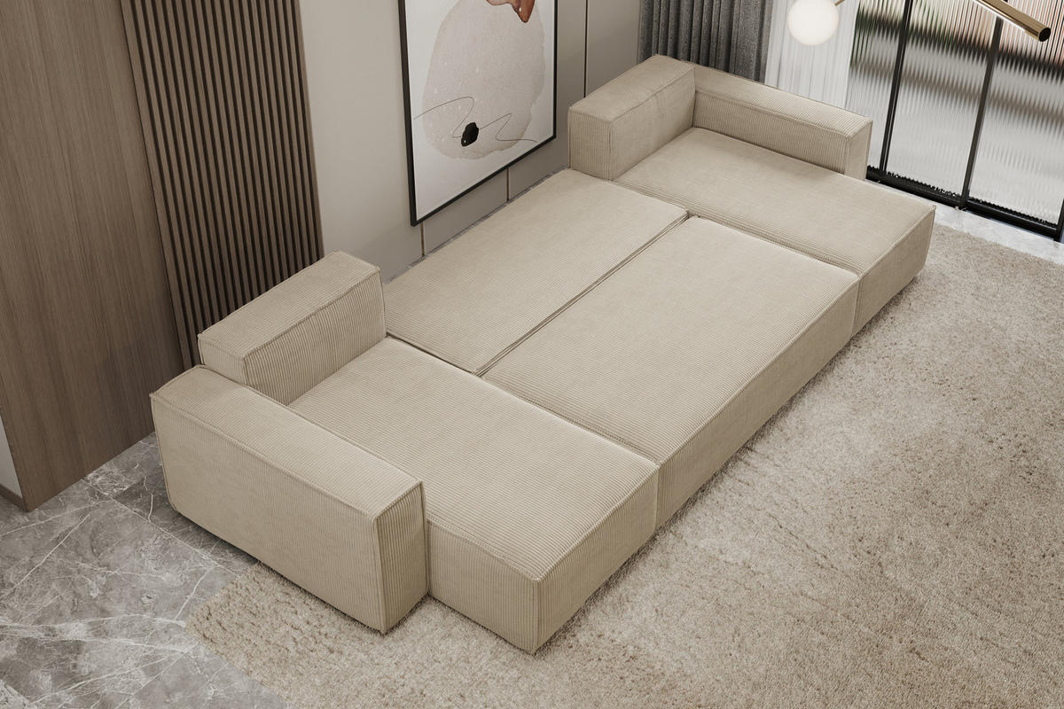 WOHNLANDSCHAFT Hugo U-Form Cordstoff mit Schlaffunktion und Bettkasten - Braun, Textil (312/83/142cm) - VENASI MÖBEL