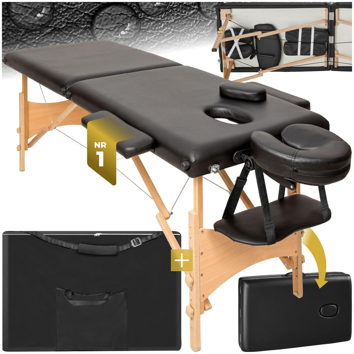 MASSAGELIEGE 2 Zonen Freddi, 210 x 95 x 84 cm, schwarz - Schwarz, Holz (61/62/185cm) - tectake