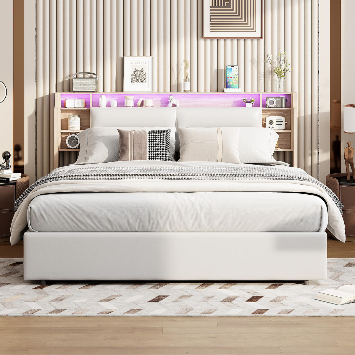 POLSTERBETT 140x200 cm, Weiß, LED-Beleuchtung - Weiß, Textil/Metall (140/200cm)