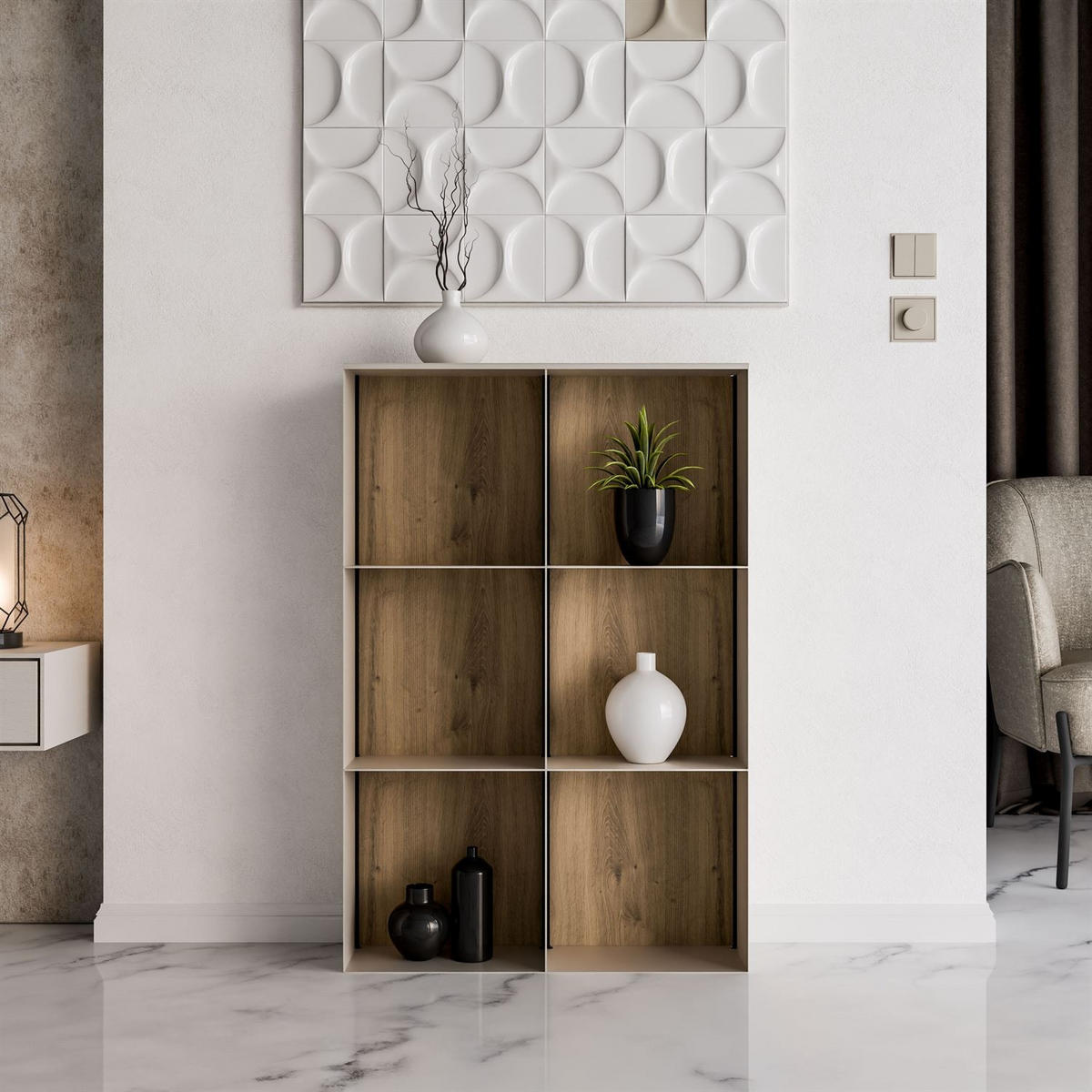 METALLREGAL QUADRO IV mit LED-Beleuchtung - Kaschmir/Eiche Artisan, Holzwerkstoff (66/99/20cm) - Lookway