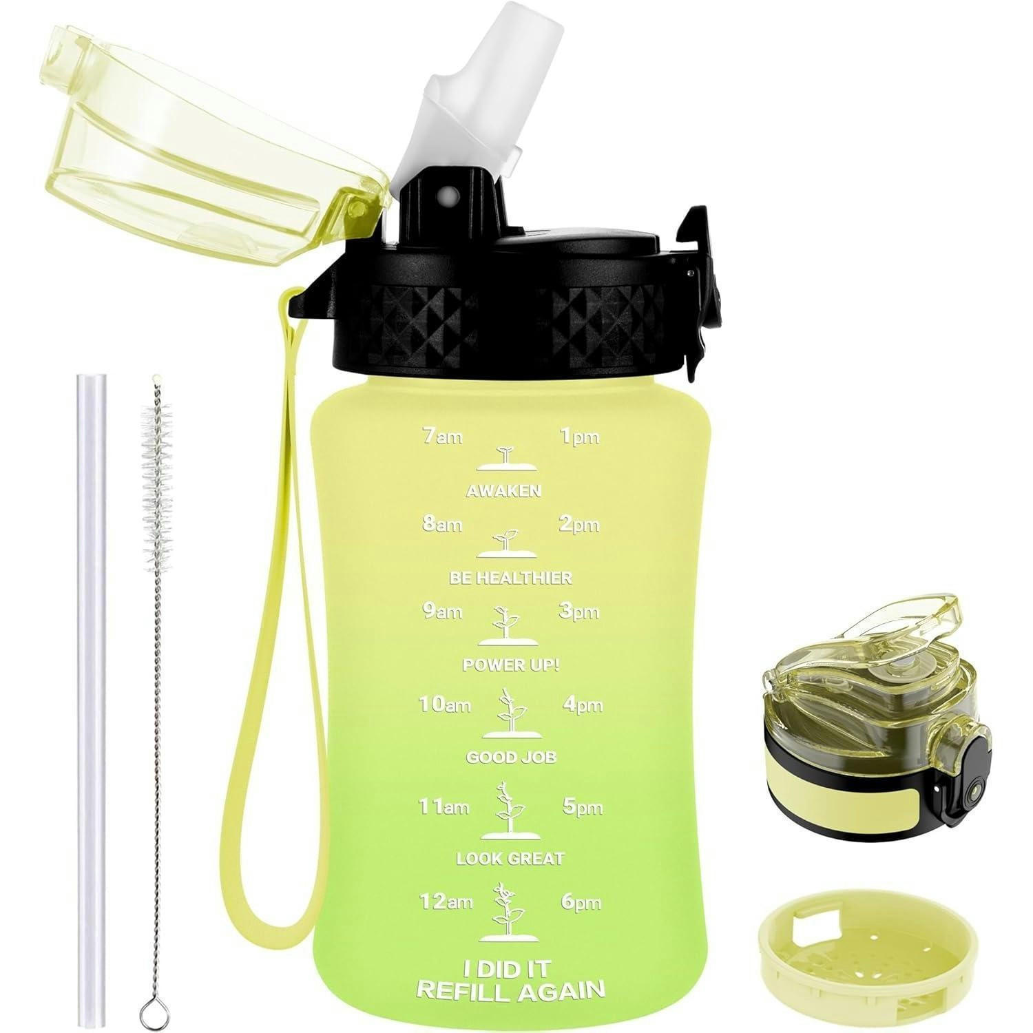 TRINKFLASCHE Kinder 350 ml mit Strohhalm und Zeitmarkierung, BPA-frei, Gelb-Grün - Multicolor, Kunststoff (6.5/6.5cm)