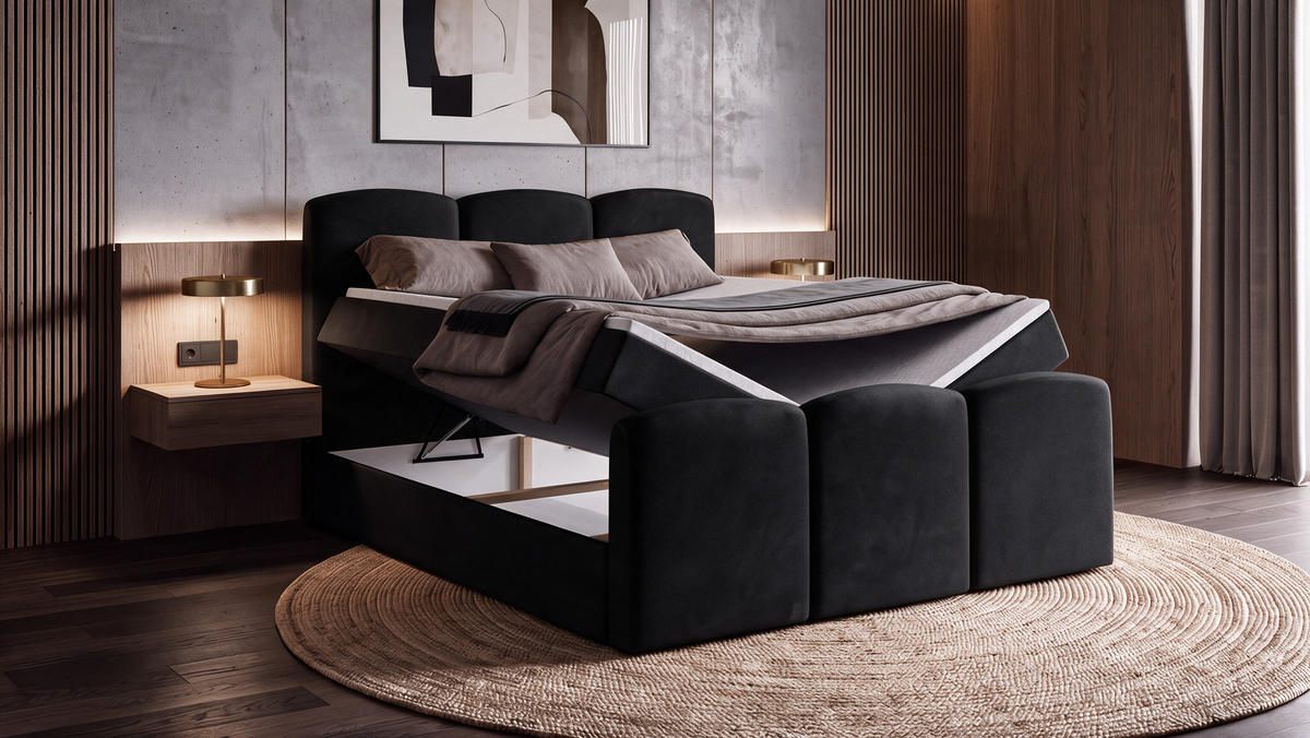 BOXBETT SAVIO 180x200 cm mit Bettkasten, Bonell-Matratze H3 und Topper – Samt Schwarz - Schwarz, Textil (180/200cm) - Luxkor24