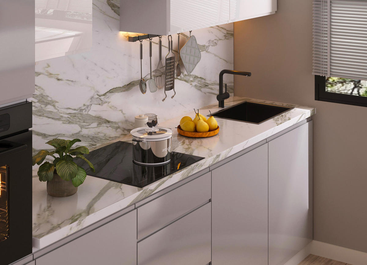 KÜCHENZEILE 300 cm Glanzia – KU-S01 – Grau / Weiß – Hochglanz - Grau, Holzwerkstoff (300/212/60cm)