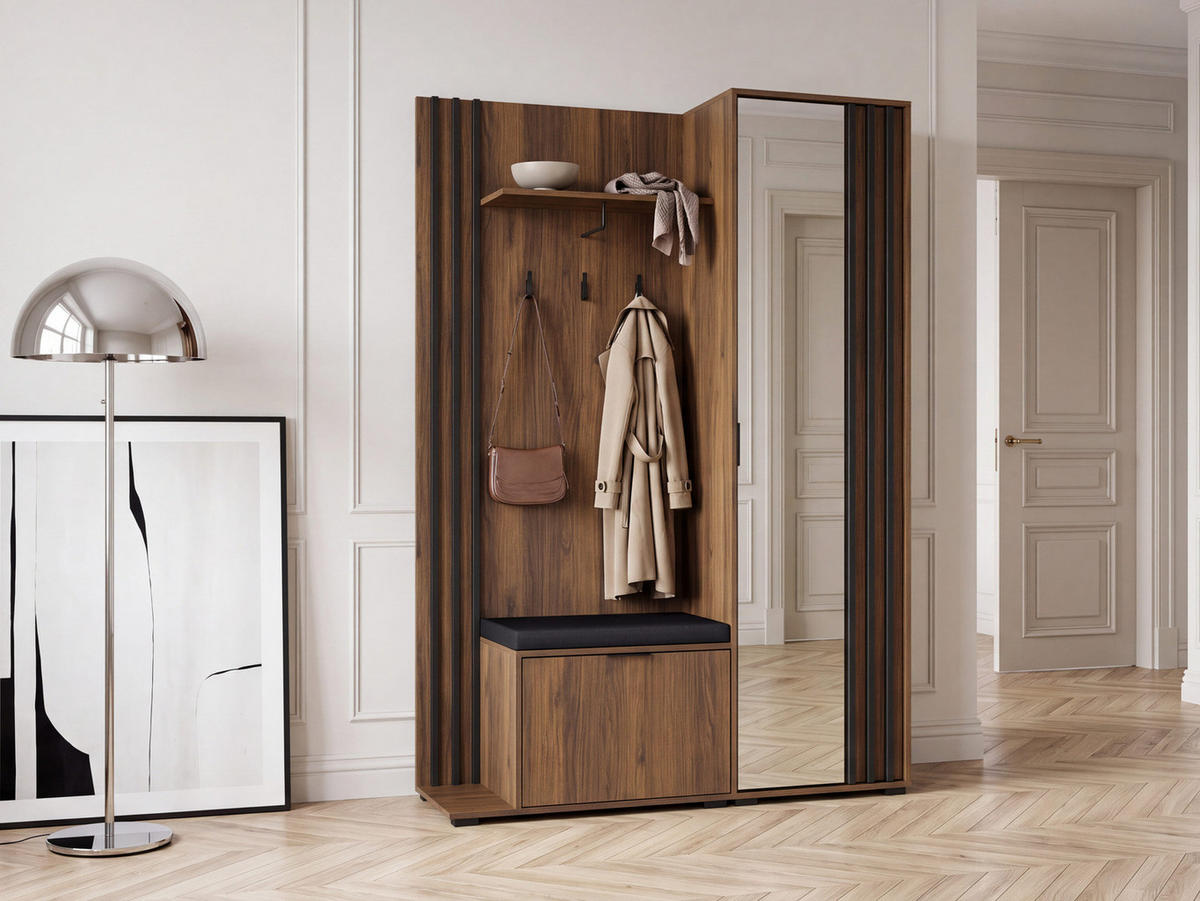 GARDEROBE STILO 131 cm (Nussbaum, Schwarze Lamellen, Spiegel, Sitzkissen, Metallgriffe) - Walnussfarben/Schwarz, Holz/Holzwerkstoff (131/192/40cm) - Ravio