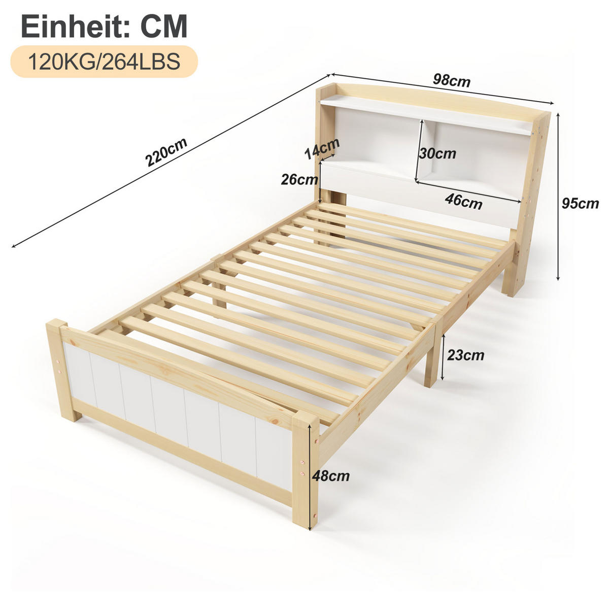 KINDEREINZELBETTEN aus Massivholz 90x200 cm in Weiß mit Stauraum-Kopfteil - Weiß, Holz (90/200cm) - Modfu