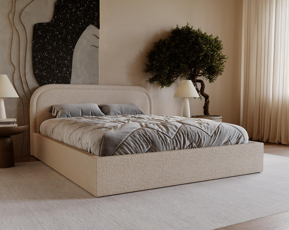 DOPPELBETT 140x200 Dune mit Bettkasten, runde Kopfteil, Bouclé, Beige - Beige, Holz/Textil (140/200cm) - Emporius