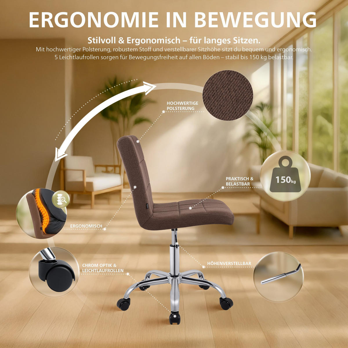 DREHSTUHL Stoff Braun - Chromfarben/Braun, Textil/Metall (47/93/56cm) - CLP