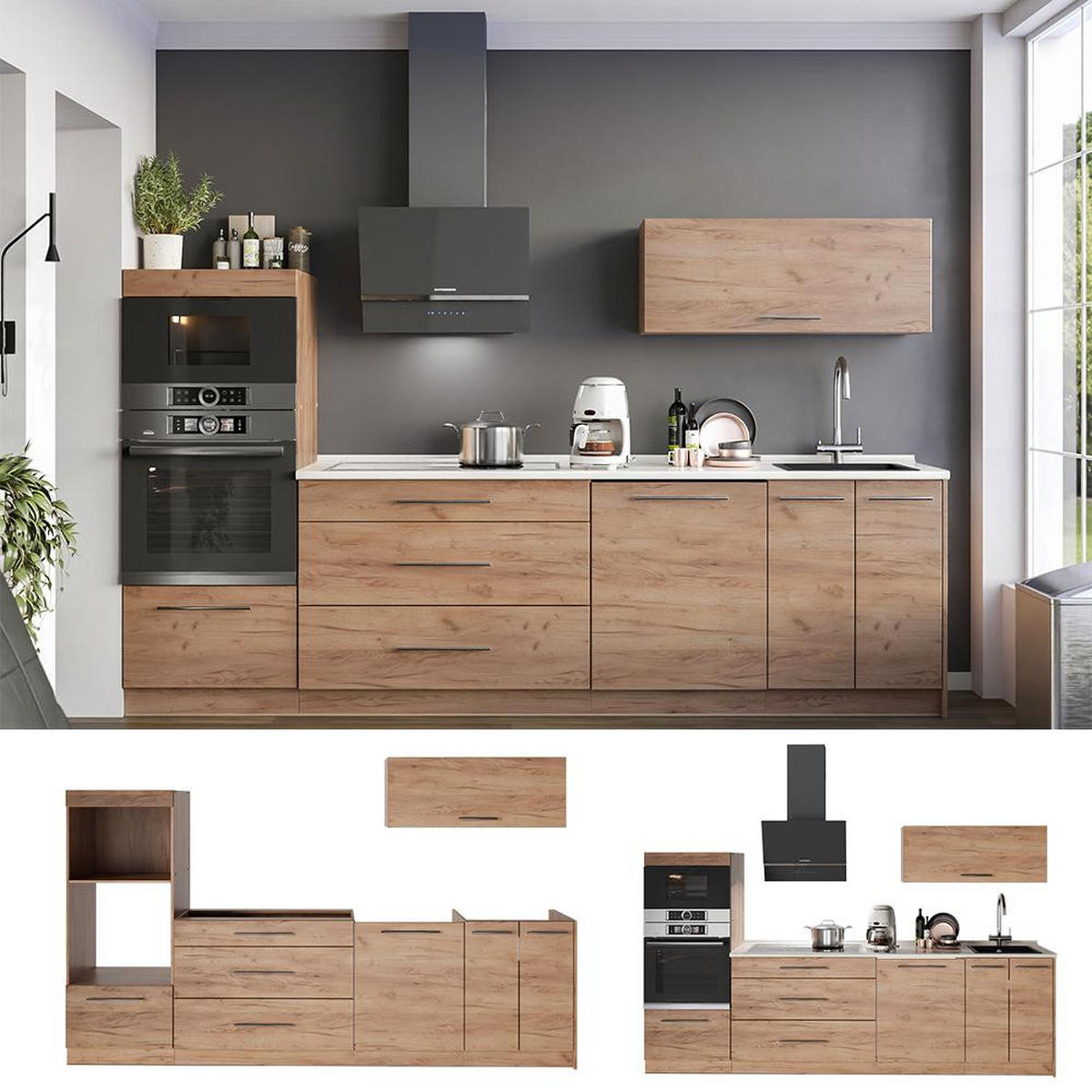 KÜCHENZEILE Fame-Line, Goldkraft Eiche/Goldkraft Eiche, 280 cm Arbeitsplatte Anthrazit - Eichefarben, Holzwerkstoff (280/153.6/60cm) - Vicco