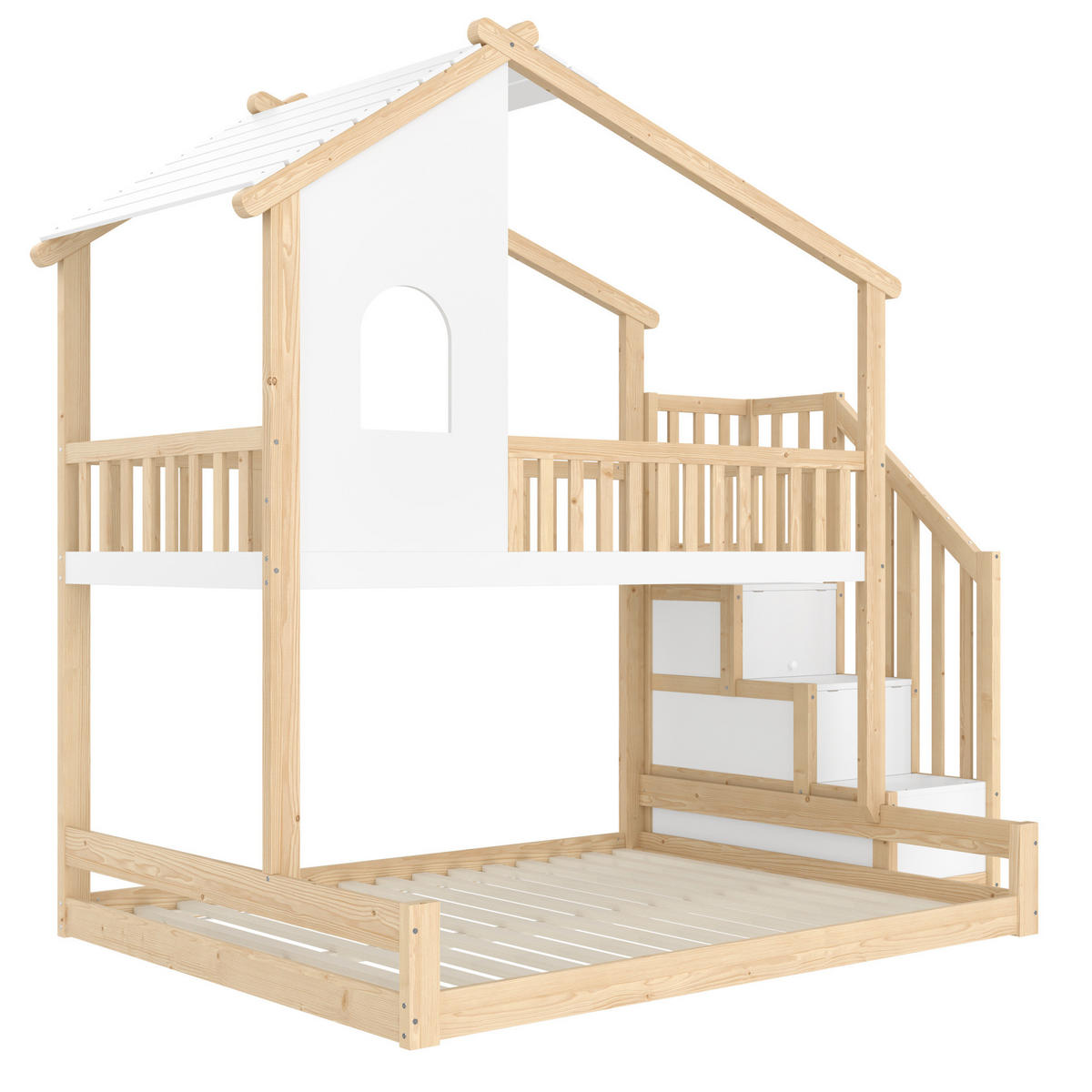 HAUSBETT 90/200 + 140/200 cm aus Kiefer mit Stauraumleiter - Naturfarben, Holzwerkstoff (90/200cm) - BEAOK