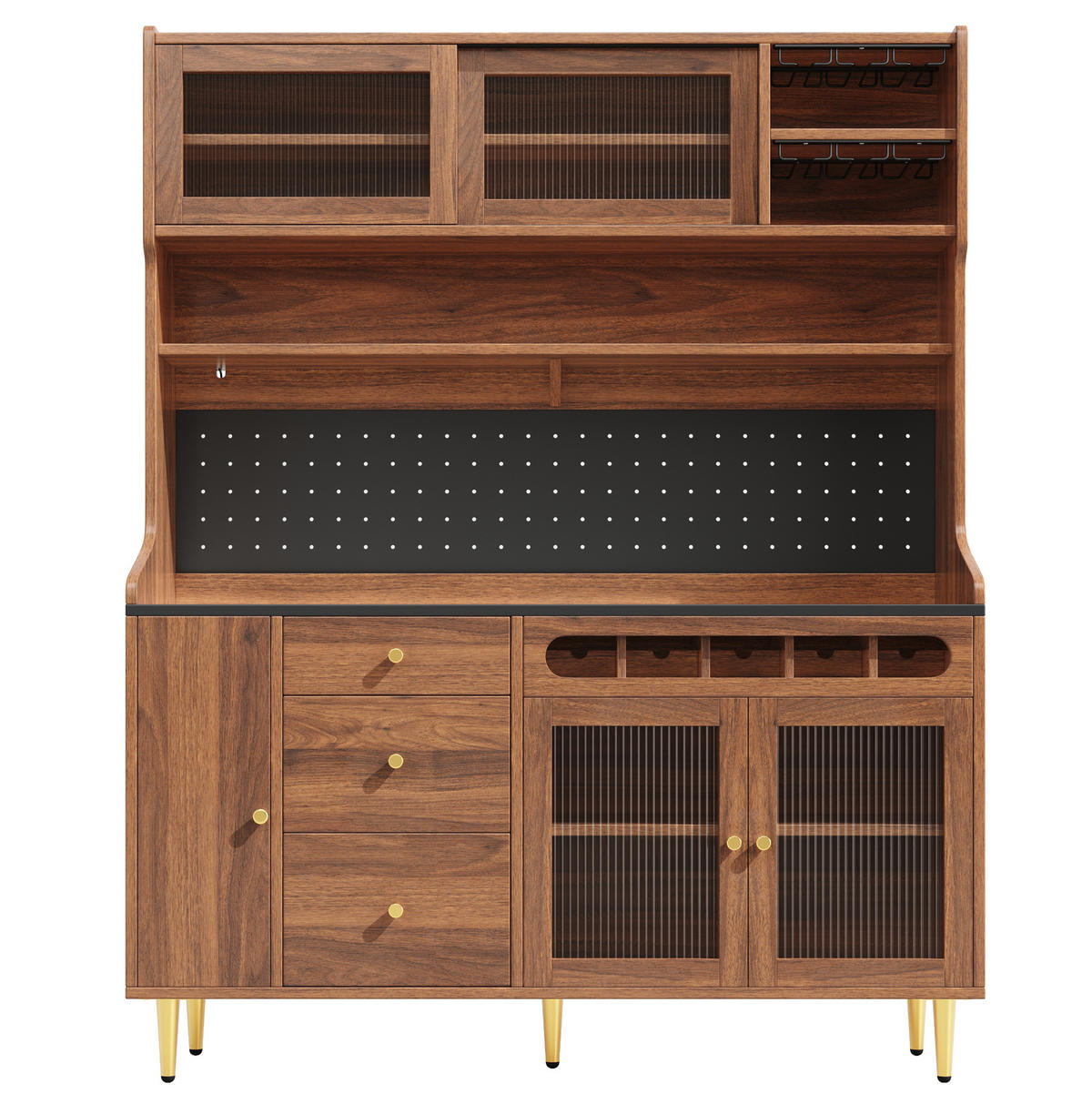 BUFFET 145/39/171 cm aus MDF und Glas mit LED-Beleuchtung und Weinregal Walnussfarben - Walnussfarben, Holzwerkstoff (145/171/39cm) - Modenvie