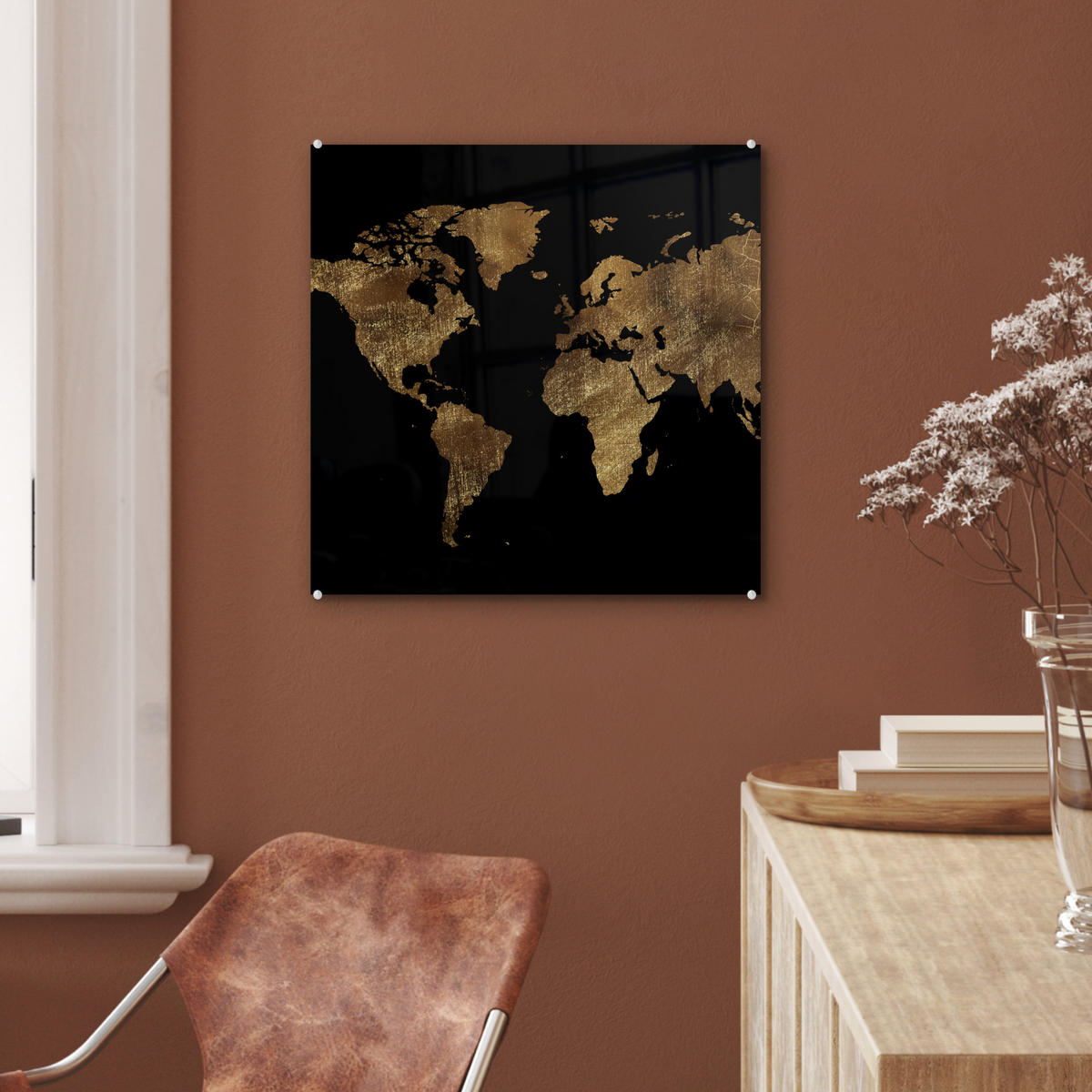 ACRYLGLASBILD Weltkarte - Gold - Luxus - Erde - Schwarz 50x50 cm - Goldfarben, Glas (50/50cm) - MuchoWow