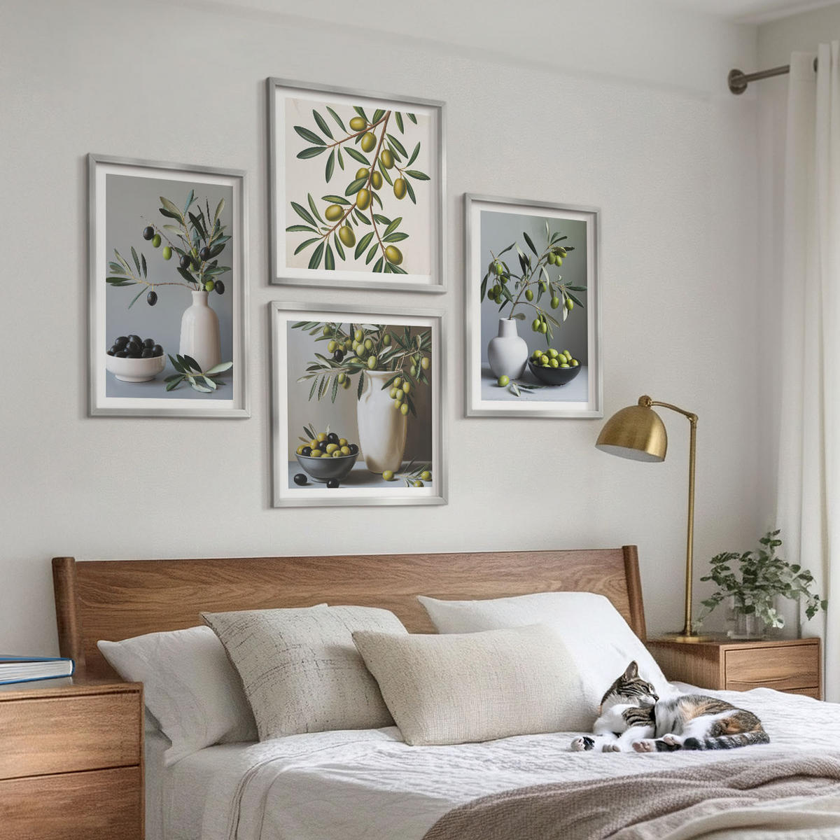 WANDBILDER 4er Set - 50x50 cm & 40x60 cm Silberner Rahmen - Oliven in Vasen in gedeckten Farben - Silberfarben, Kunststoff (50/50cm) - ArtPrintCave