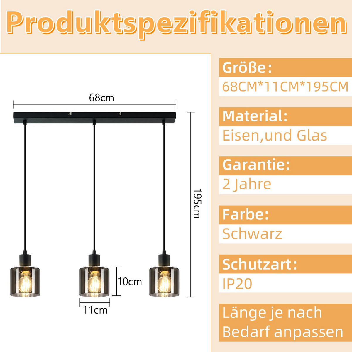 HÄNGELEUCHTE Klassik 3-flammig 68/11/195 cm - Grau, Glas (68/11/195cm) - Nettlife
