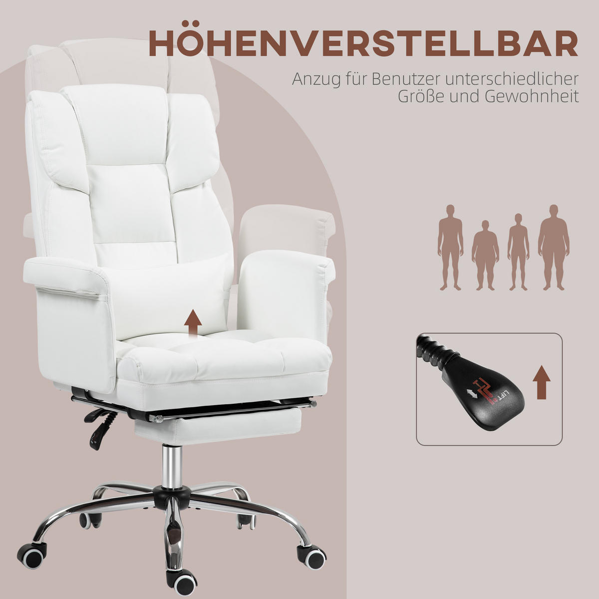 BÜROSTUHL, Ergonomisch Schreibtischstuhl mit Liegefunktion, Lendenkissen, Weiß - Chromfarben/Weiß, Kunststoff/Metall (65/115/69cm) - HOMCOM