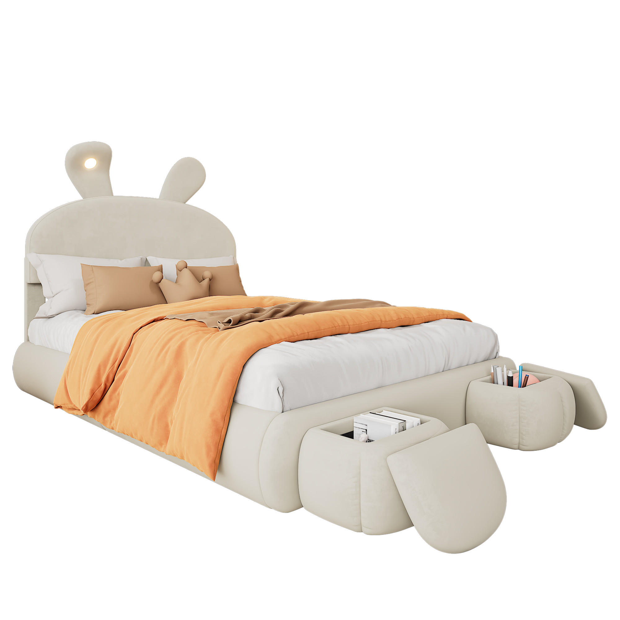 POLSTERBETT 140/200 cm in Beige Samt mit Bettkasten, LED und 2 Hockern - Beige, Holzwerkstoff/Textil (140/200cm) - WISHDOR