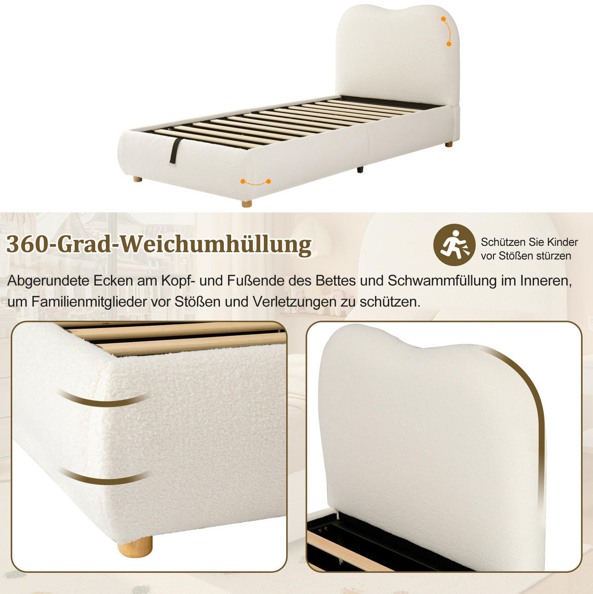 KINDERBETT 90/200 cm mit hydraulischem Bettkasten, gepolstertem Kopfteil und Bouclé-Bezug, Beige - Beige, Textil (90/200cm) - Redom