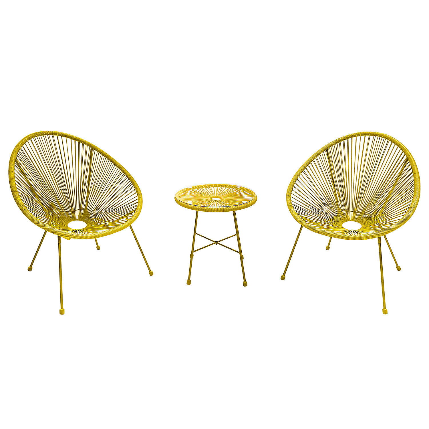 SITZGRUPPE - Stahl / Polyrattan - 3-teilig - Gelb, Naturmaterialien/Glas - home24