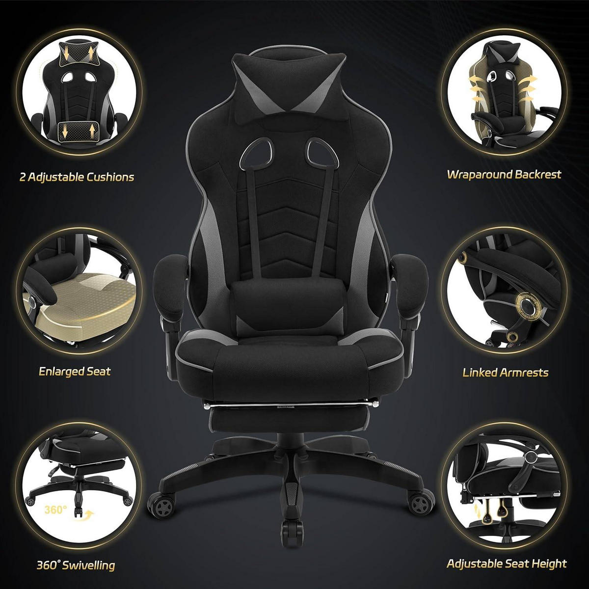 GAMINGSTUHL Stoff Stoff Kühl im Sommer Ergonomischer, 150 kg Belastbarkeit - Schwarz/Grau, Kunststoff/Textil (70/128/70cm) - Woltu