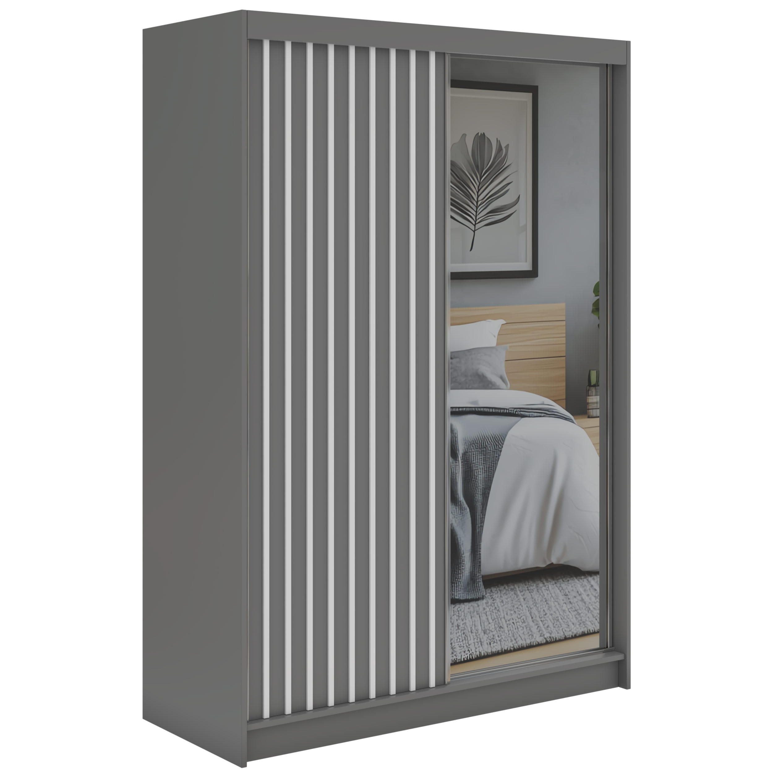 SCHWEBETÜRENSCHRANK mit Spiegel LAOS - 150 - Grau - Weiß Lamellen - Alufarben/Weiß, Holzwerkstoff/Metall (150/216/61cm) - MKS