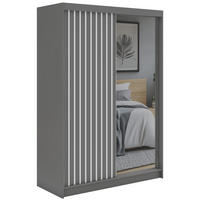 SCHWEBETÜRENSCHRANK mit Spiegel LAOS - 150 - Grau - Weiß Lamellen - Alufarben/Weiß, Holzwerkstoff/Metall (150/216/61cm) - MKS