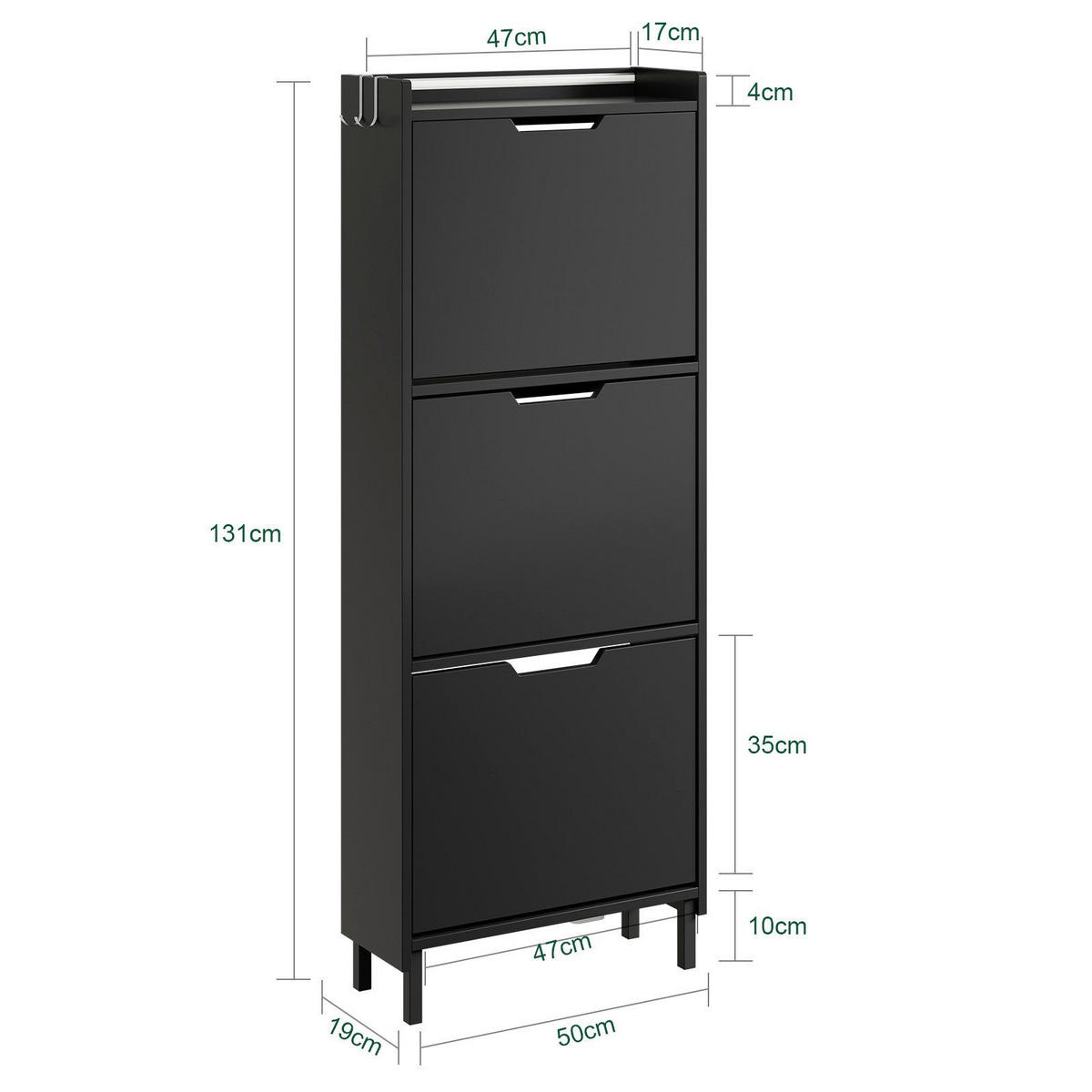 SCHUHSCHRANK mit 3 Klappen und Sensorlicht Schwarz 50x19x131cm - Schwarz, Holzwerkstoff (19/131/50cm) - SoBuy