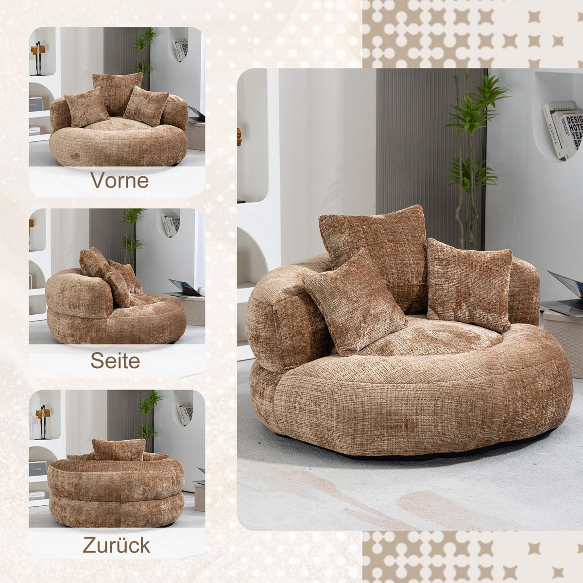 SITZSACK Sessel Chenille mit 3 Kissen bequem weich Schlafsofa Braun - Braun, Textil (108/52/108cm) - PARAFTA HOME