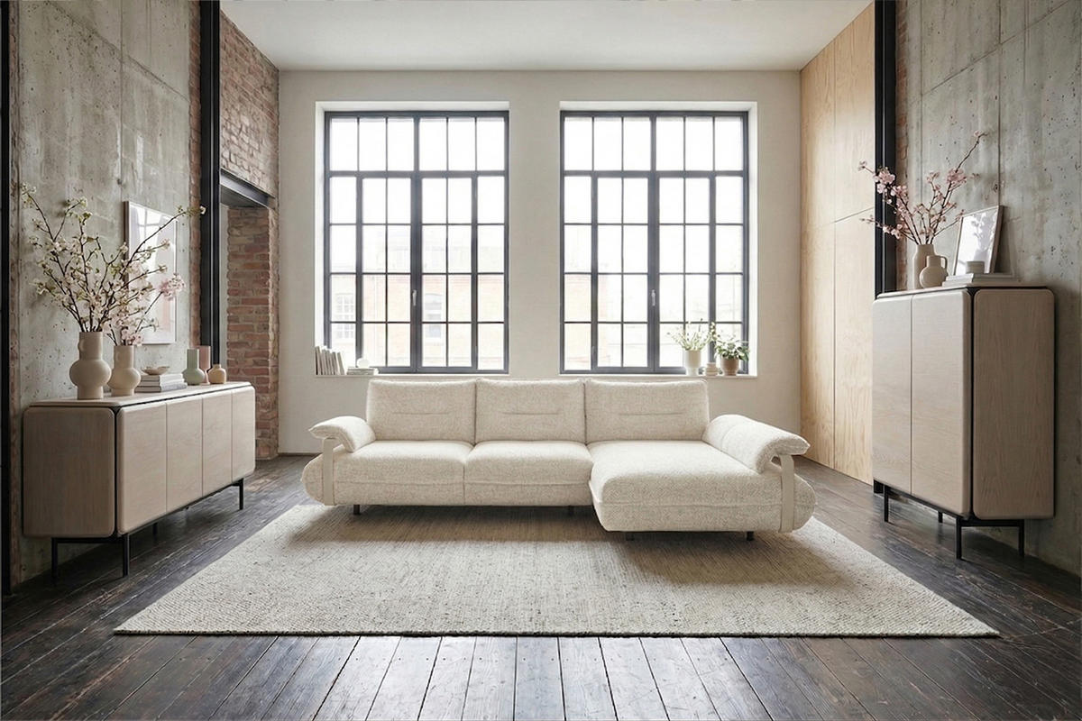 ECKSOFA ANISSA Cremeweiß Flachgewebe - Creme/Schwarz, Kunststoff/Textil (185/297cm) - KAWOLA